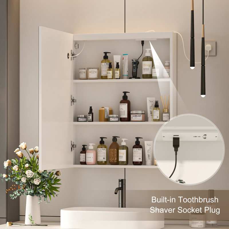3-Shelf Bathroom Medicine Cabinet with LED Lighting, 76cm H x 60cm W x 11.5cm D