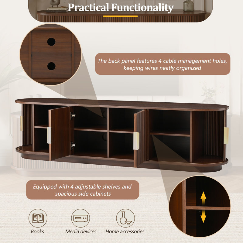 Farmhouse Wooden TV Stand for TVs up to 75" with Sliding Tambour Doors, Fluted Media Console with Adjustable Shelves, Golden Handles & Cable Management for Living Room