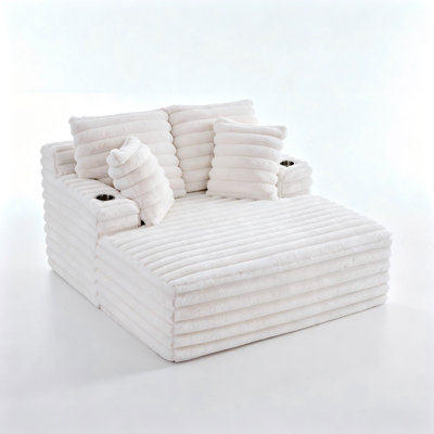Oversized Fluffy Corduroy Chaise Lounge Chair with Cup Holders & Throw Pillows, Deep Seating Upholstered Single Sleeper Sofa Accent Chair for Living Room Bedroom