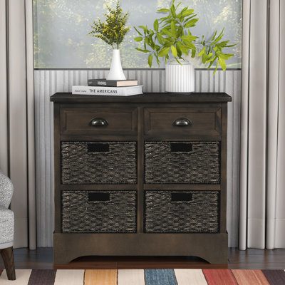 Rustic Storage Cabinet with Two Drawers and Four Classic Rattan Basket Accent Cabinet