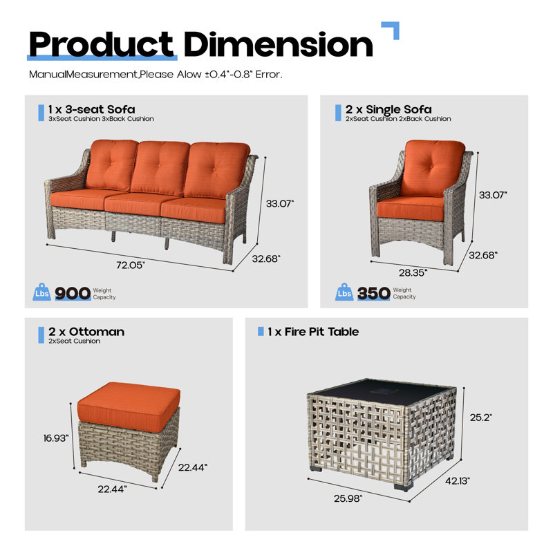 7-Person Rattan Outdoor Seating Group, Orange/Red
