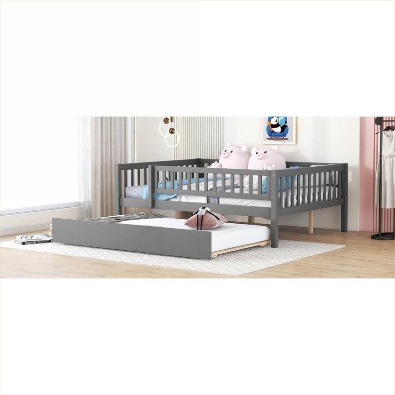 Two Person Full Size Platform Daybed, Soft Gray Solid Wood For Bedroom With Pull Out Trundle and Guardrails, Twin, Gray