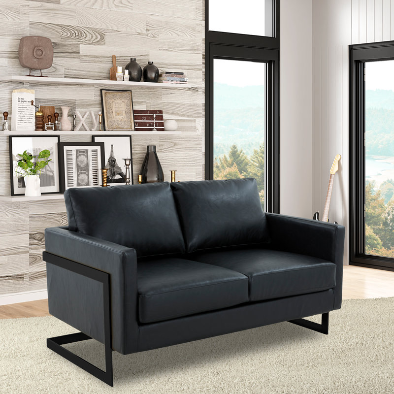 Canapé en cuir moderne Natahlia, Noir, Noir, Two-Seater Loveseat