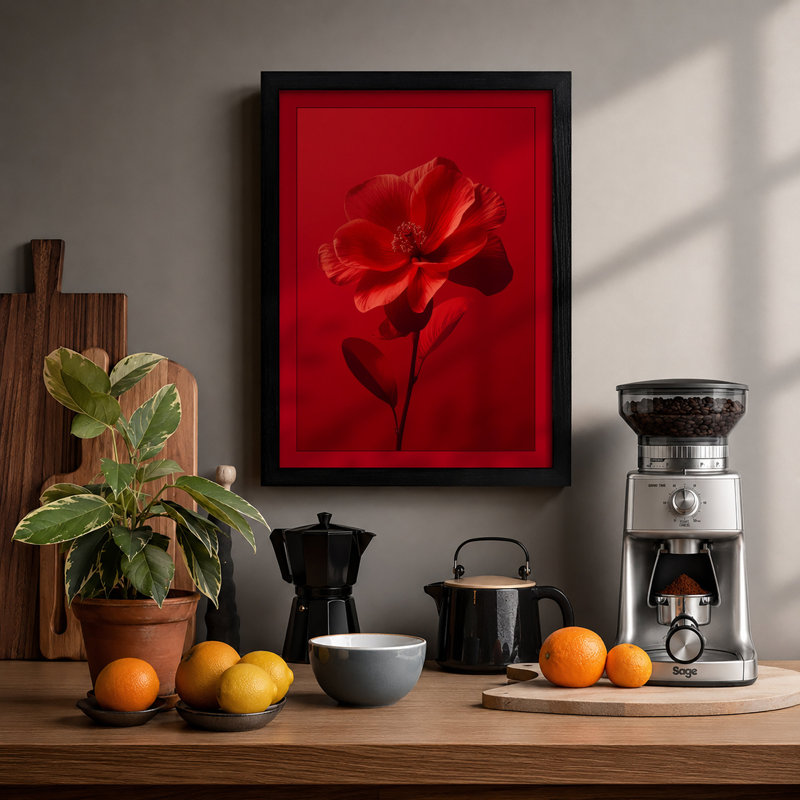 Single Crimson Bloom Botanical - Framed Print, Black, A4 - 29.7 x 21.0 cm