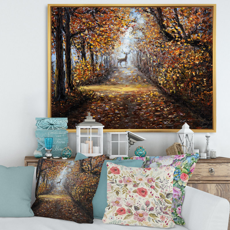 Cerf dans le parc - peinture sur toile, H 24 po x l 32 po x P 1 po, Cadre flottant doré
