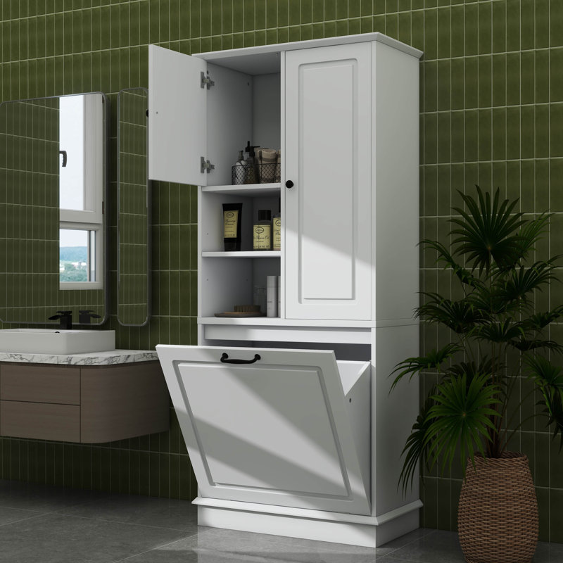 67.7" Tall Storage Cabinet With Flip-Out Basket, Adjustable Shelves & 2 Doors, Freestanding Floor Cabinet With Aluminum Alloy Handles