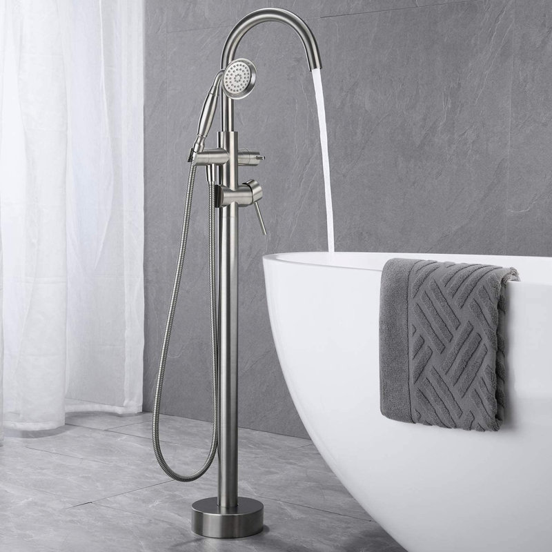 Robinet de baignoire autoportant avec robinet d'arrêt - Contrôle facile du débit d'eau au sol, Nickel brossé