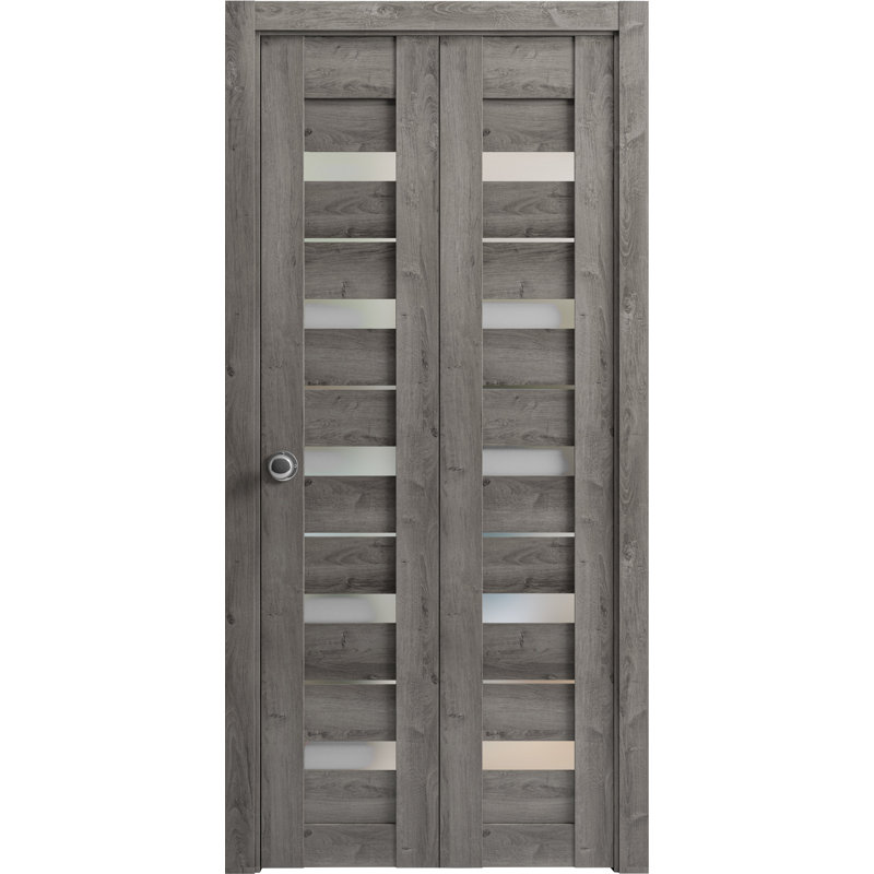 Portes coulissantes pliantes pour placard 32 x 84 Quadro 4445 Gris Nebraska avec verre dépoli, rails robustes, moulures, garnitures, quincaillerie, portes de placard de chambre en bois massif