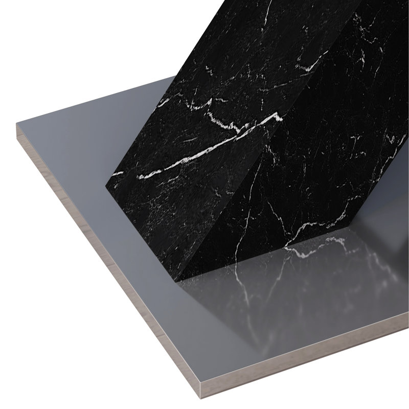 Table de salle à manger carrée extensible moderne, plateau en marbre noir et acier, H 29,77 po x L 62,95 po et métal, poids de 87,69 lb