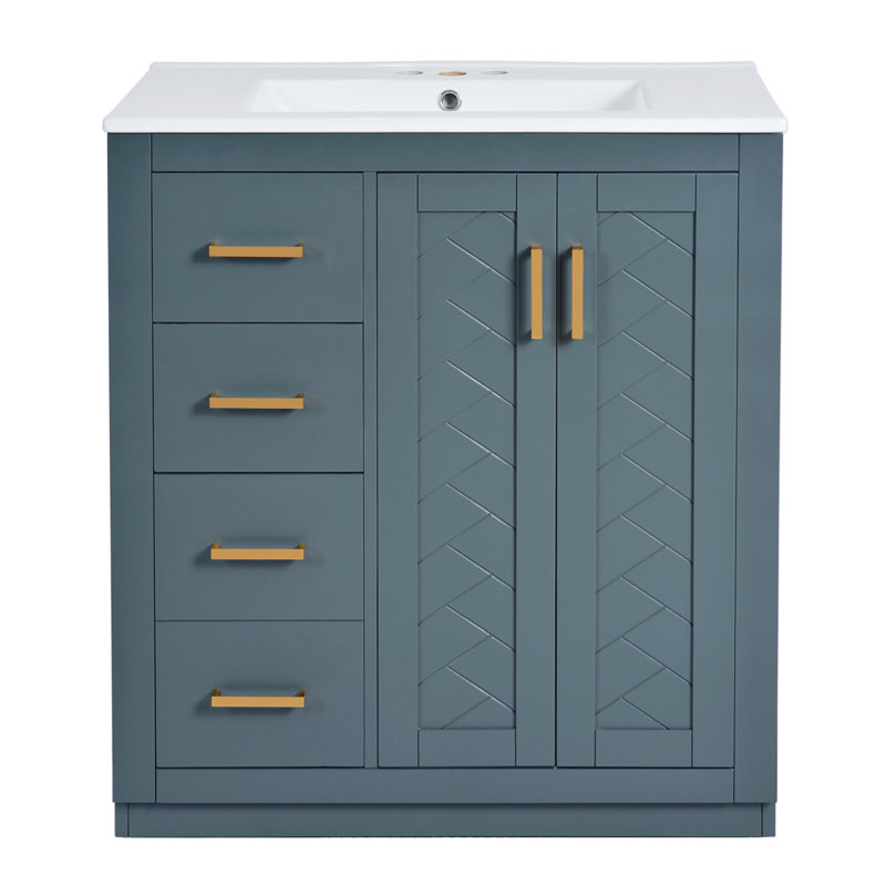Meuble-lavabo de 30 po en bois massif avec lavabo en céramique, 3 tiroirs et portes à fermeture douce pour un rangement efficace