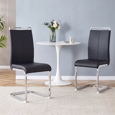 Modern Faux Leather Cantilever Dining Chairs with Chrome Base and Metal Handles (Set of 2)
