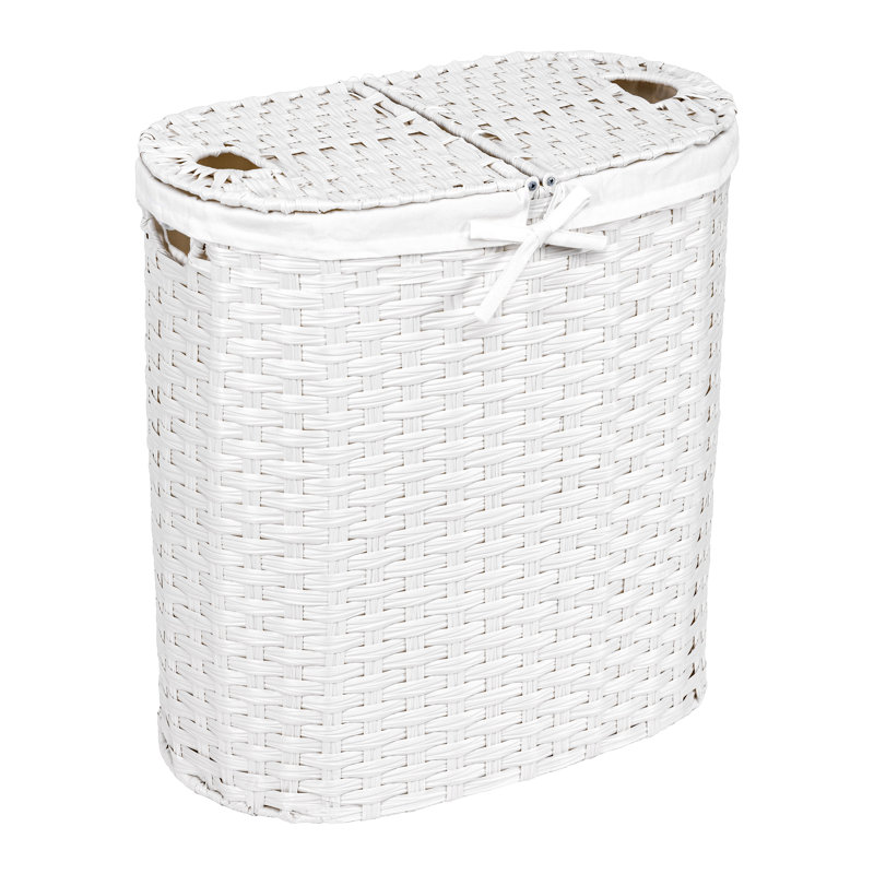 Handwoven Double Lidded Oval Hamper Sorter, White