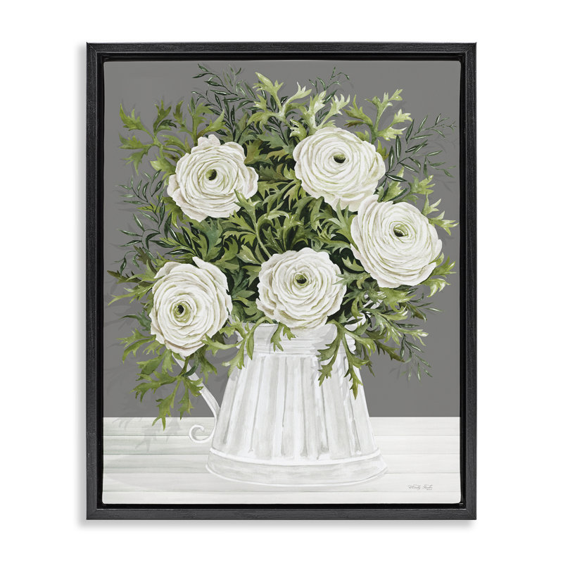 "Pe pivoines in Country Vase", art mural sur toile flottante par Cindy Jacobs, Cadre flottant noir de jais, H 21 po x l 17 po