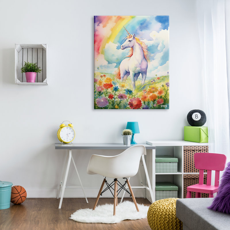 Licorne dans un pré arc-en-ciel sur toile, H 48 po x l 36 po x P 1,5 po