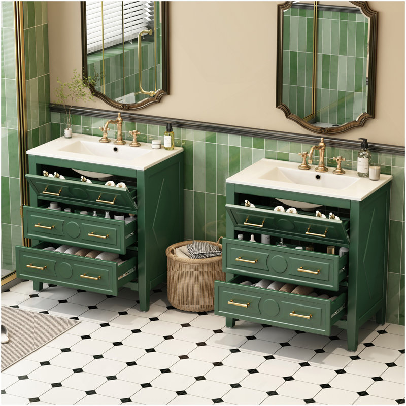 Ensemble de meuble-lavabo simple 60 po avec lavabo en céramique 60 po (séparé), ensemble de meuble-lavabo autoportant avec 3 tiroirs, armoire de rangement à cadre en bois, vert