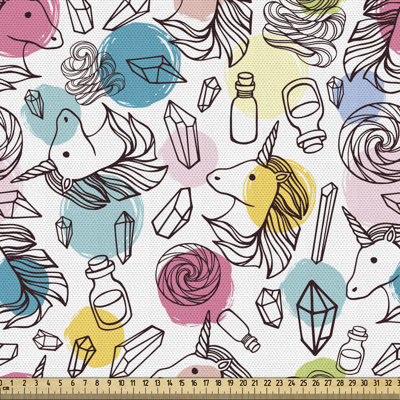 Tissu licorne par The Yard, cheval magique avec tourbillon de corne, impression de potion de bonbons sur fond uni, tissu décoratif pour le revêtement et les accessoires de maison, blanc multicolore