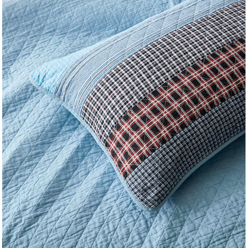 Red/Blue Pre-Washed Cotton Striped Quilt Set, King Quilt + 2 King Shams