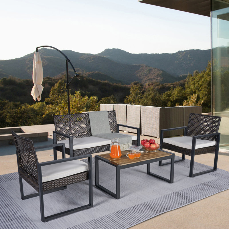 4-Piece Patio Furniture Set Outdoor Balcony Porch Garden Backyard Lawn Furniture Acacia Wood Table Top, Brown/Gray, White