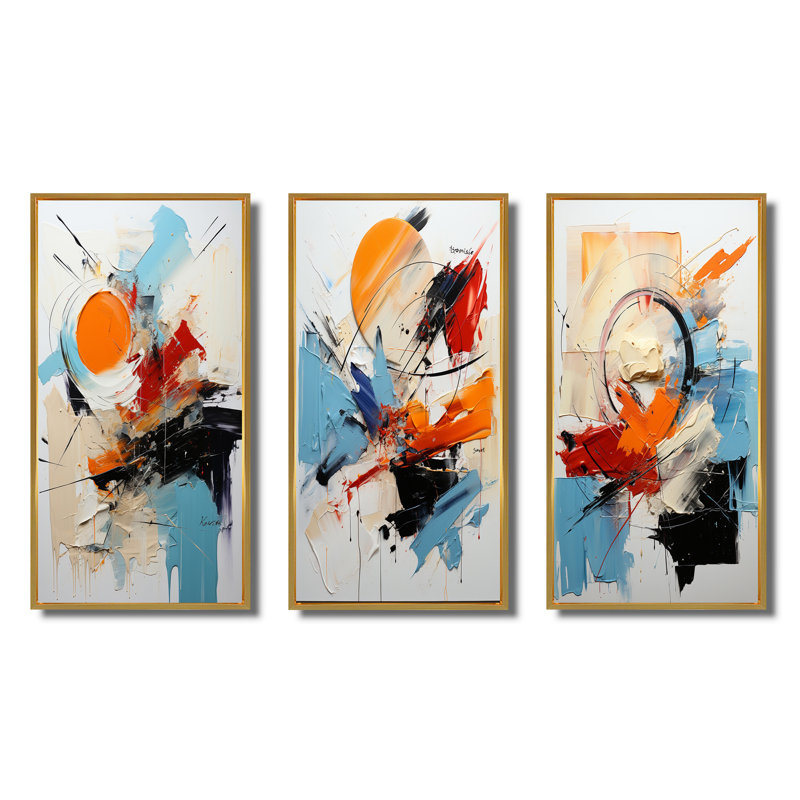 «Cerulean Passager of Fragile Wisdom Abstract», ensemble de 3 reproductions, Cadre flottant doré, H 28 po x l 36 po