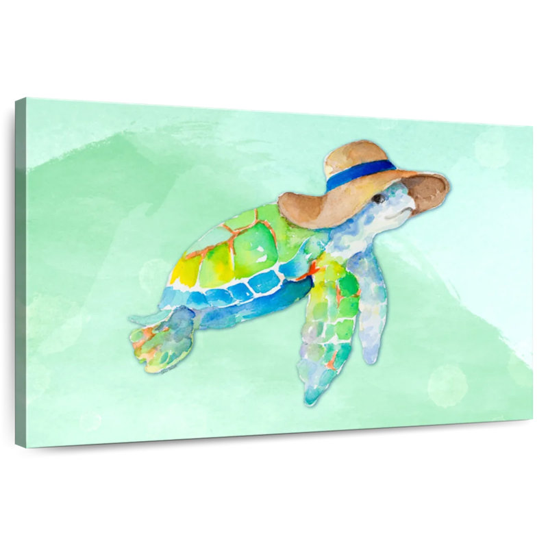 Tortue avec un chapeau sur fond bleu aquarelle, H 24 po x l 36 po
