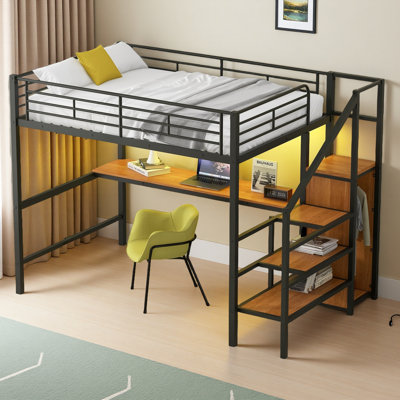 Full Size Metal Loft Bed with Desk, Storage Staircase, Small Wardrobe and LED Light,Black