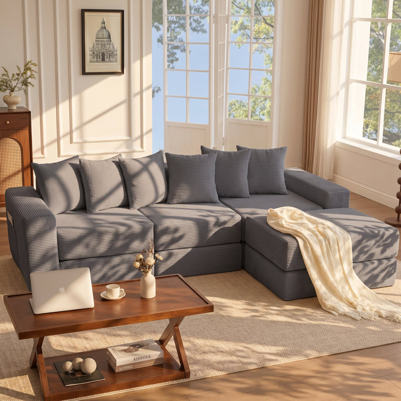 Everette 102" W x 63" D x 31" H Corduroy 4-Seat Convertible Modular Sofa Sectional, Does Not Apply, Gray Corduroy