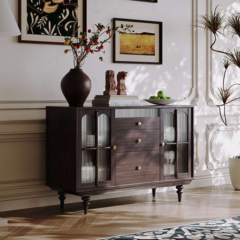 Buffet en bois massif de couleur noyer noir + verre