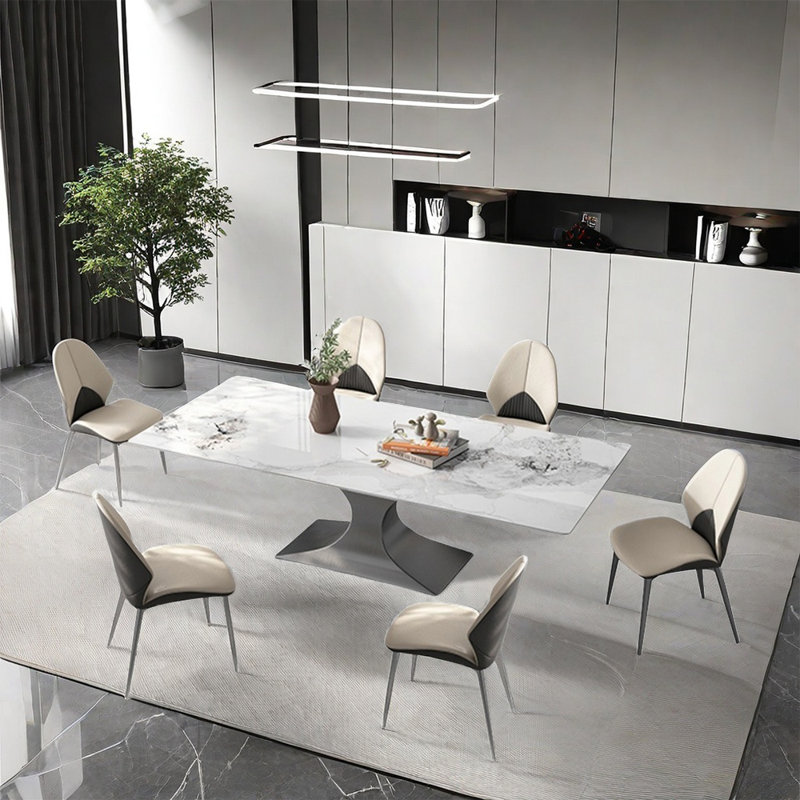 Italian style modern family dining table sets, White/Gray, 29.5"H x 63"L x 35.4"W