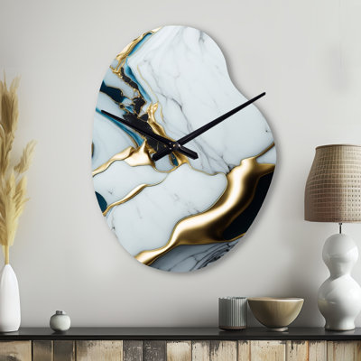 Abstract Geode Gold And White Marble II - Marble Unique Shape Metal Wall Clock, Modern Asymmetrical Wall Clock Print