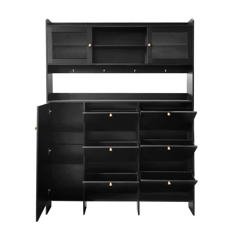 Shoe Cabinet With Storage Shelf And Flip Drawers, Shoe Storage Organizer For Home, Black