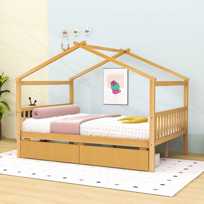 Ashiyah Full Storage Canopy Bed with Two Drawers , Natural