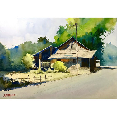 Maison sur la route du village | Aquarelle par Abhijeet Bahadure