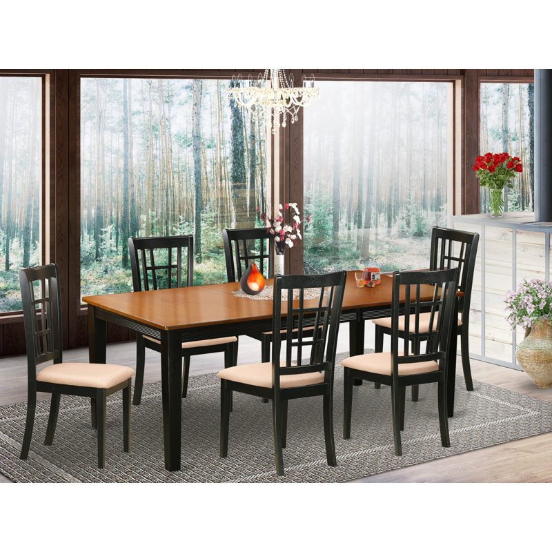 Ensemble de mobilier de salle à manger 7 pièces composé d'une table de cuisine rectangulaire avec rallonge papillon et 6 chaises en tissu de lin, noir et cerise