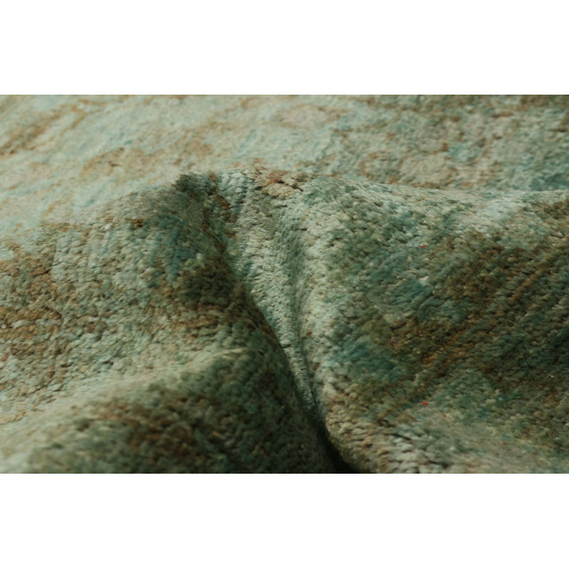 Tapis vert unique noué à la main 11 pi 10 po x 17 pi 2 po