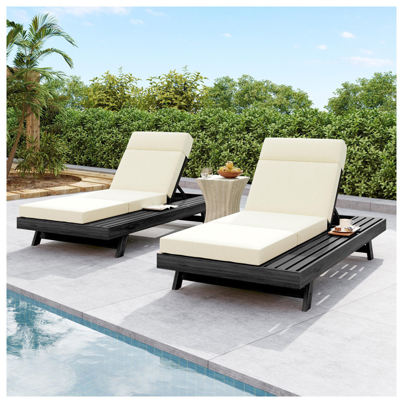 Ensemble de chaises longues en bois d'acacia avec appui-tête et coussins imperméables, beige et noir
