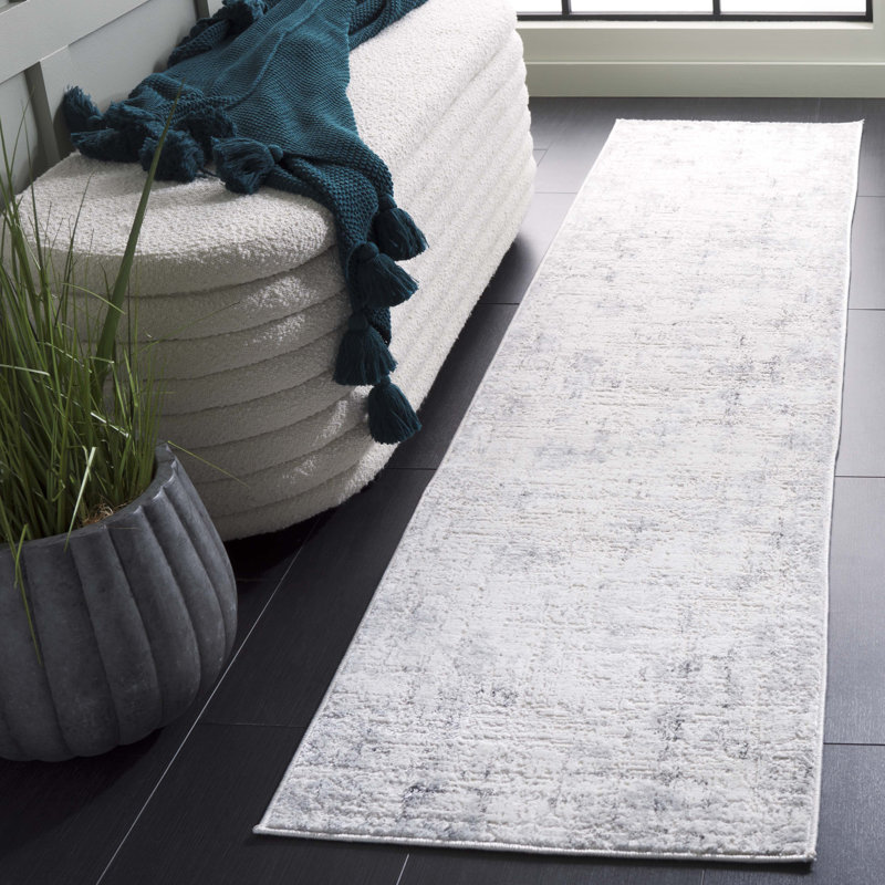 Tapis en polyester / polypropylène tissé à la machine en ivoire / gris / gris foncé, Tapis de couloir 2 pi x 8 pi