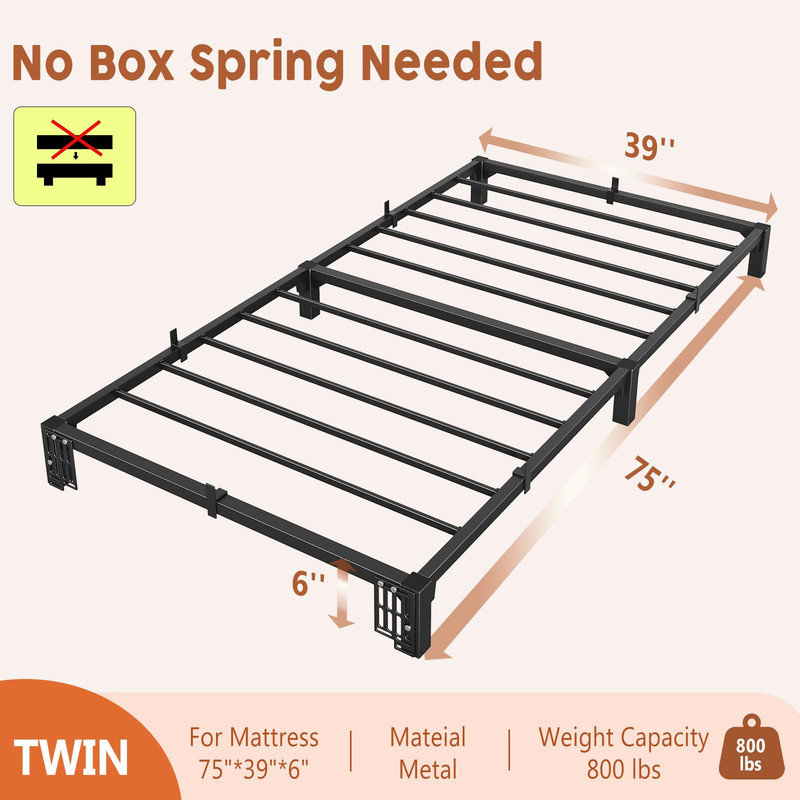 Structure de lit en métal, plateforme robuste avec support de 800 lb, aucun sommier requis, assemblage facile sans outil, conception sans bruit