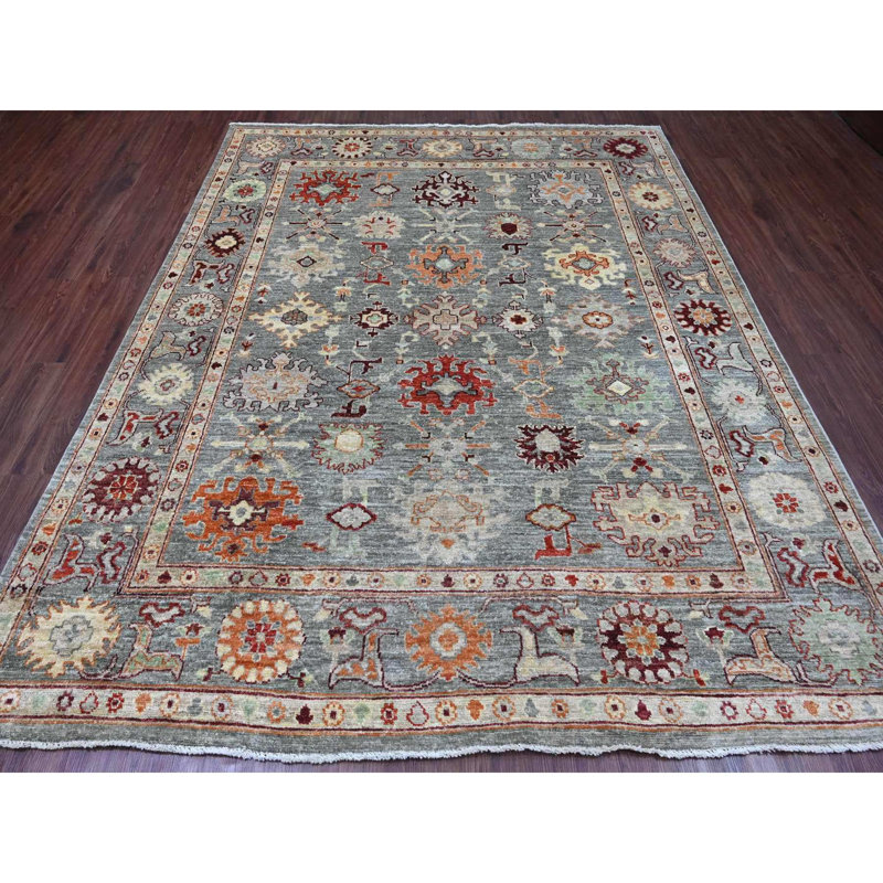Tapis gris en laine noué à la main 7 pi 9 po x 9 pi 5 po Angora afghan OChakk