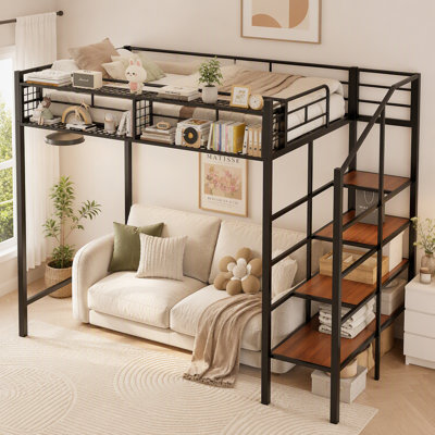 Structure de lit mezzanine en métal avec tablette de rangement à grille supérieure et échelle de rangement latérale à 4 niveaux, lit surélevé contemporain peu encombrant pour la chambre à coucher