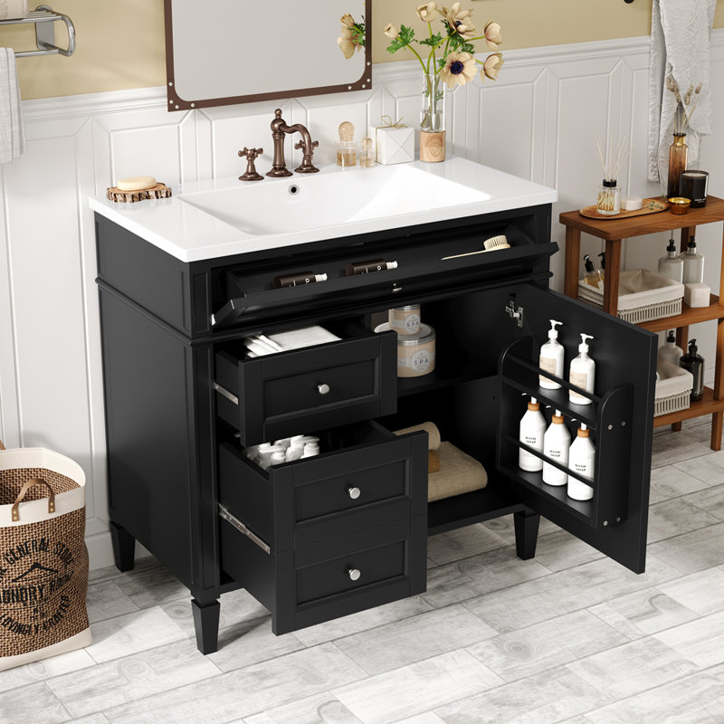 Meuble-lavabo simple 36 po Yinon, Argent argent, Noir, noir, noir, noir