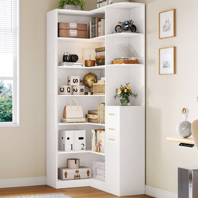 33" W X 76" H Corner Bookshelf With 2 Drawers, 7 Tiers L-Shaped Bookcase With 10 Open Storage Space, Modern Corner Storage Cabinet For Living Room, Home Office, White
