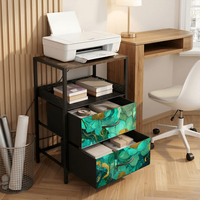 Table de chevet 2 tiroirs avec station de charge, table de chevet pour chambre à coucher avec ports USB, tablette ouverte noire, table de chevet avec imprimé élégant de fleurs fantaisie sarcelle dorées scintillantes