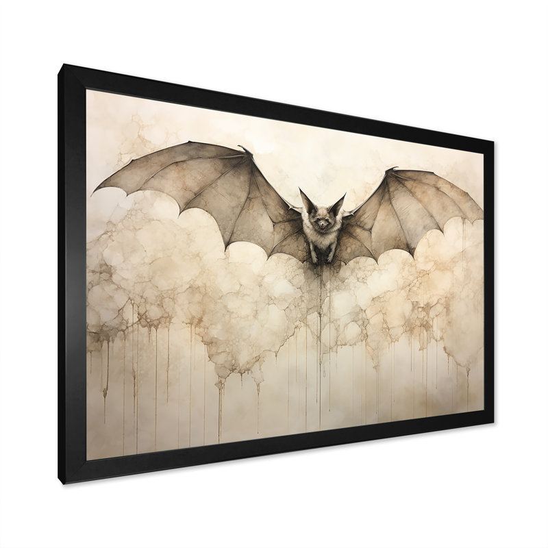 Ailes ouvertes de chauve-souris beiges sur toile, H 34 po x l 44 po x P 1,5 po, Encadrement doré