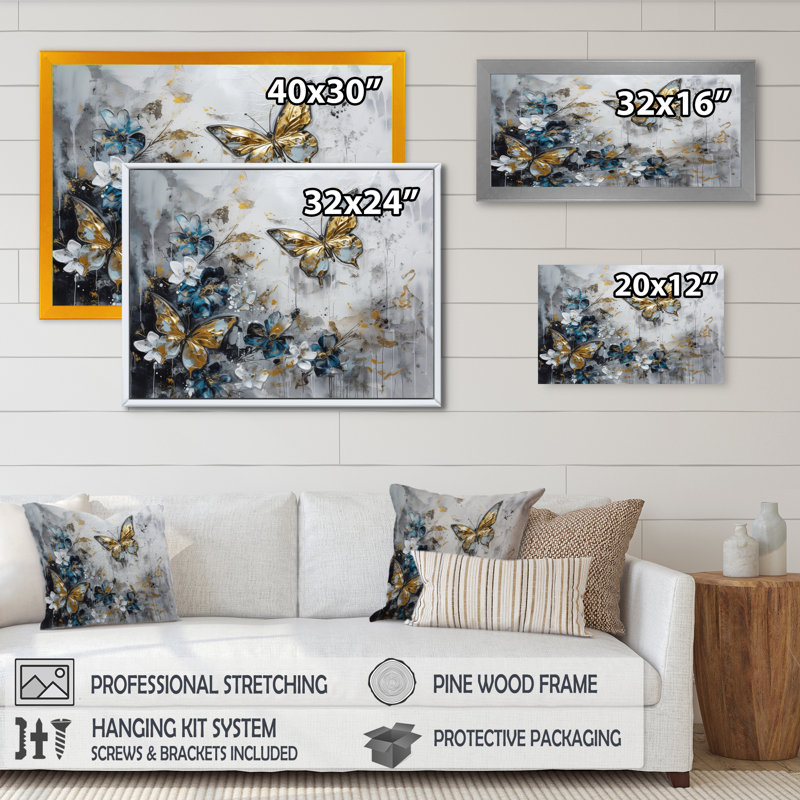 «Ryuko Golden Blue Butterfly Wings And Flowers III», art mural floral, H 24 po x l 32 po x P 1 po, Toile tendue