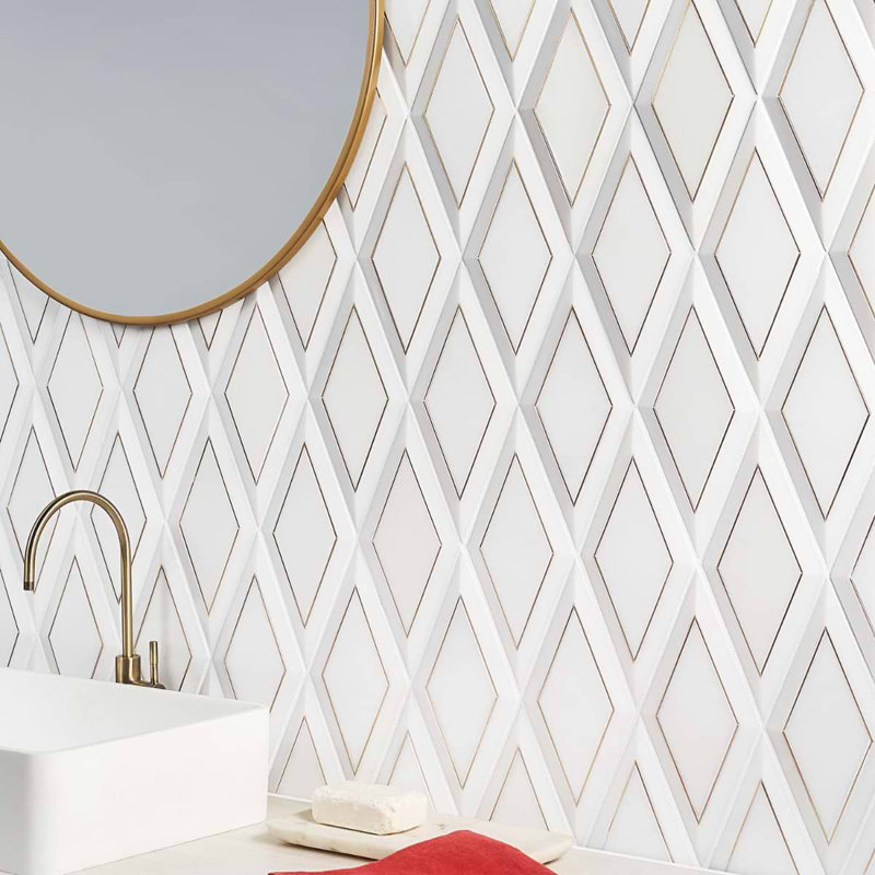 Basque 6x12 Beveled Polished Marble Tile, White/Brass