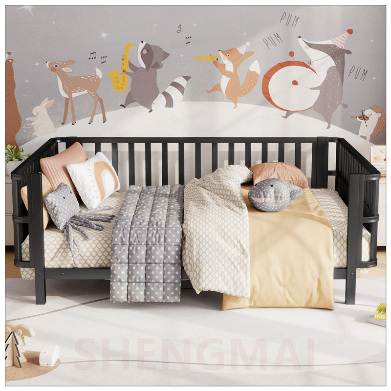 Lit plateforme pleine grandeur en métal pour enfants avec rails de sécurité et conception à profil bas, Full, Noir