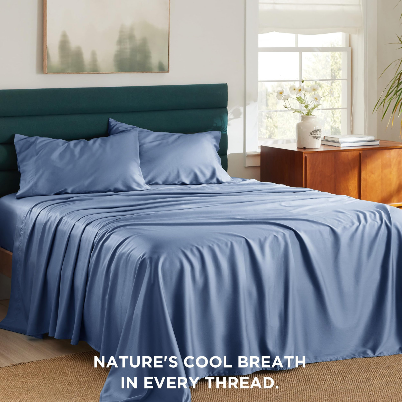 Lyocell Cotton Sheet Set, King Sheet Set with 1Fitted Sheet and 2Pillowcases, Blue