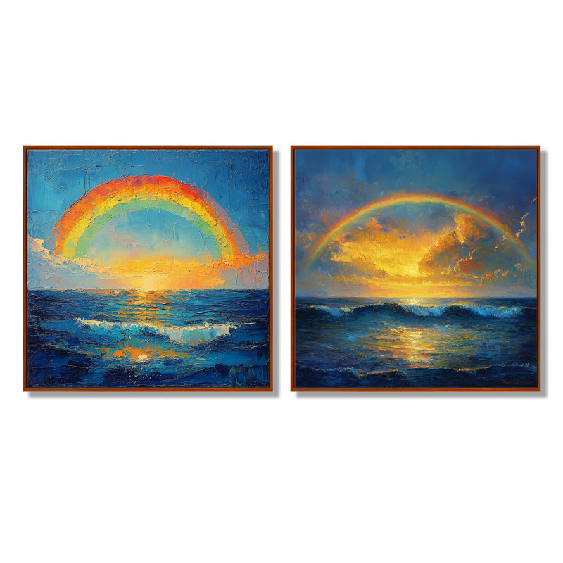 «Rainbow On The Ocean Harmony I» - décoration murale arc-en-ciel - art mural traditionnel 2 pièces, H 30 po x l 61 po, Brun