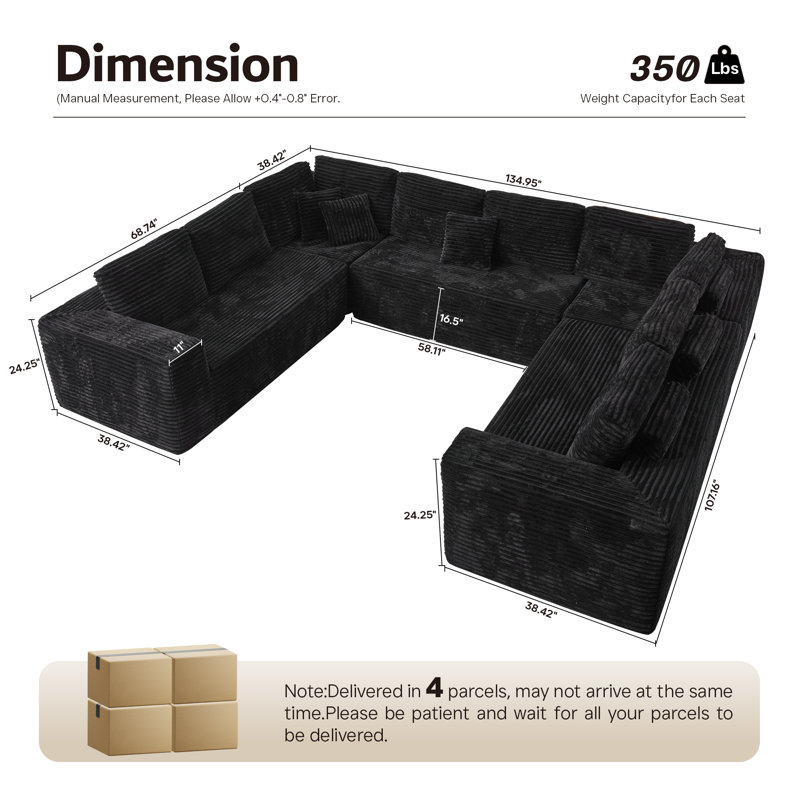 Canapé modulaire rembourré Kustas Boneless, Velours côtelé noir