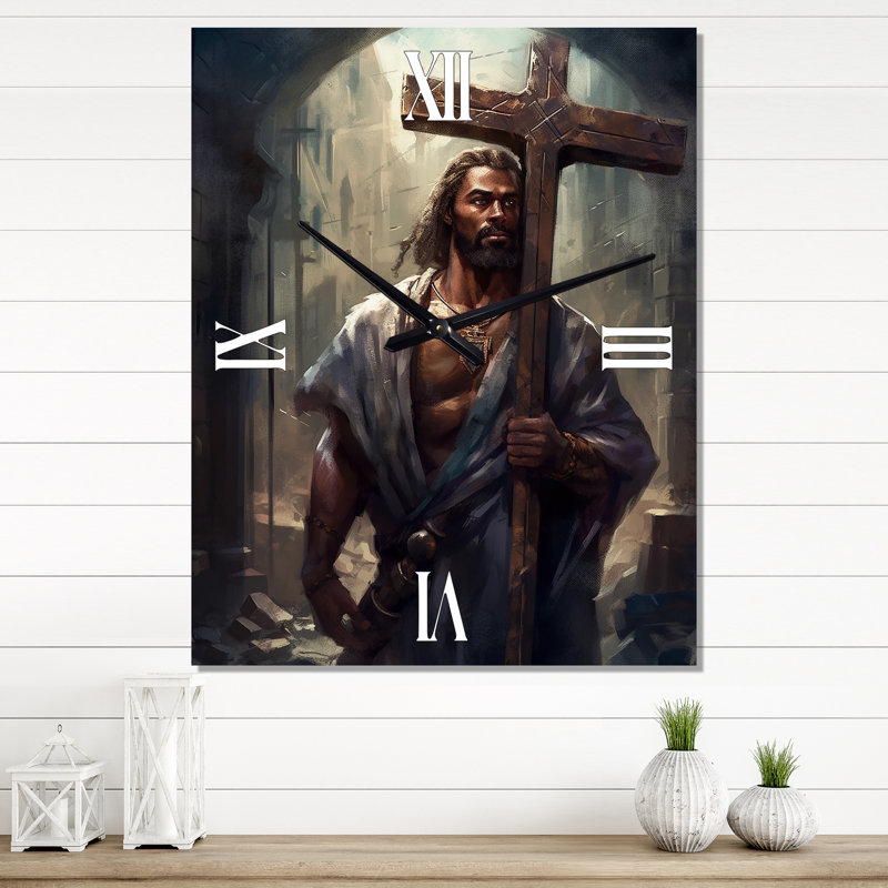 Jésus avec croix III - Horloge murale, H 40 po x l 30 po x P 1 po